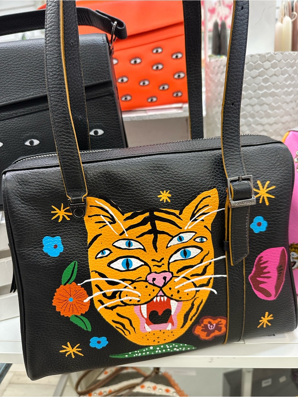 Min & Mon Esther Black Satchel Leather Bag with Multicolor Tiger Print